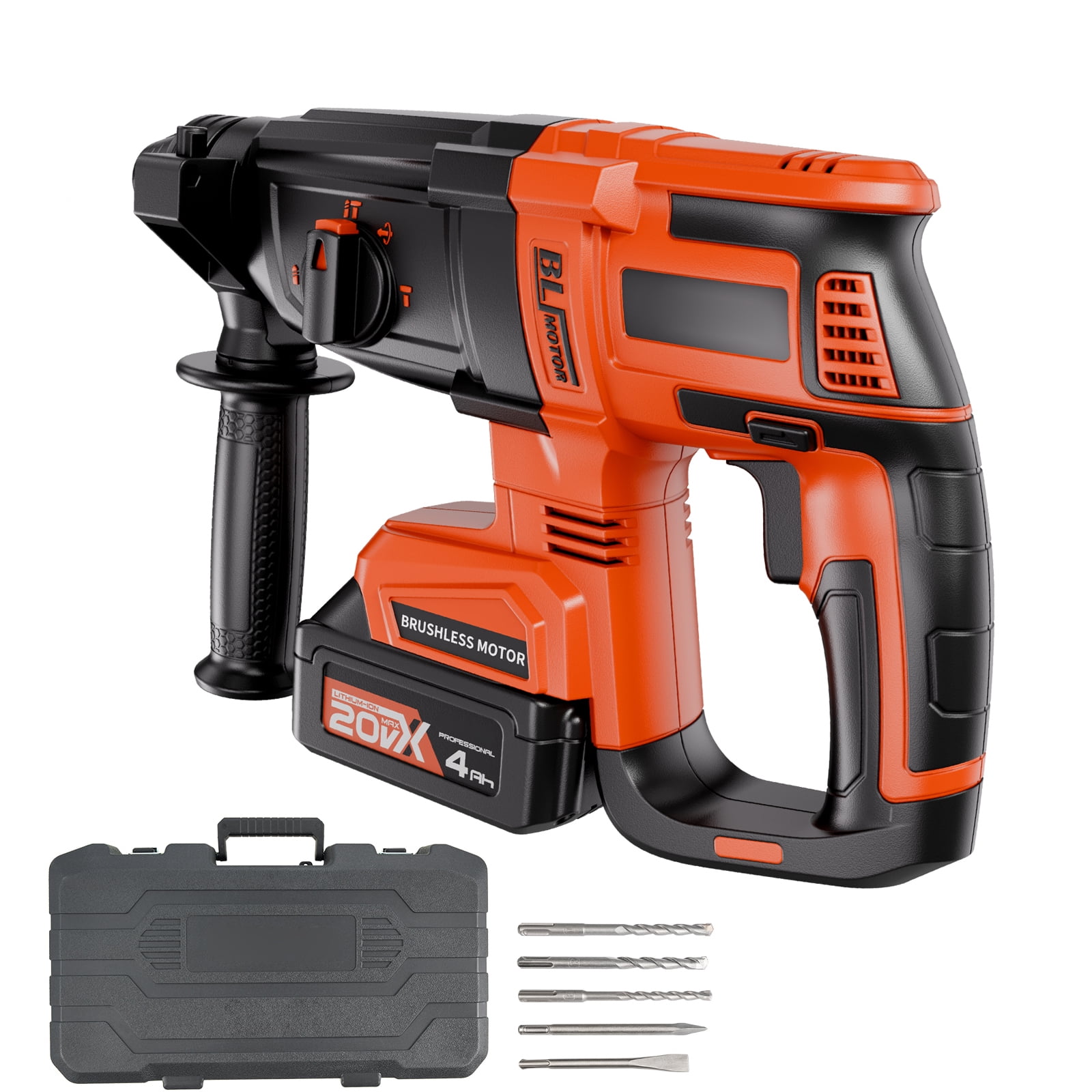 KFFKFF 20V Cordless Brushless Hammer Drill, Lithium-Ion 1.1-Inch Rotary Hammer Driver, SDS-Plus Electric Power Tool Kit with Battery and Charger, 4 Modes, 1200 RPM, 5300 BPM