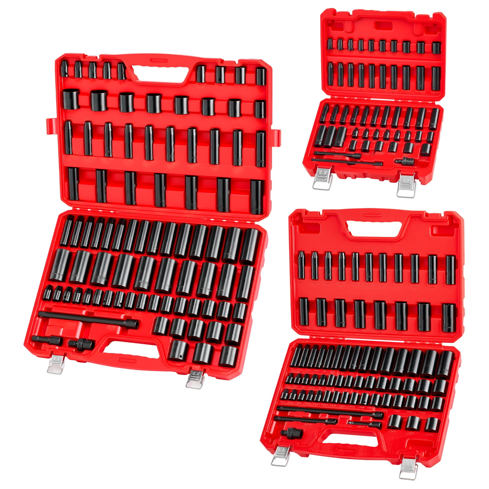 KFFKFF 210-Piece Impact Socket Set, 1/4, 3/8, 1/2 Inch, 6-Point Deep & Shallow Sockets, SAE (3/16 to 1-1/4 in) and Metric (4 to 32 mm) Sizes, Includes Extension Bars, Made of Cr-V Steel