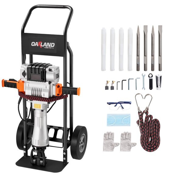 KFFKFF 2100W Electric Demolition Hammer, Heavy-Duty Concrete Breaker with 1650 BPM, Includes 2 Point Chisels, 2 Flat Chisels, Hand Trolley, and Gloves, Suitable for Concrete, Walls, Bricks, Tiles