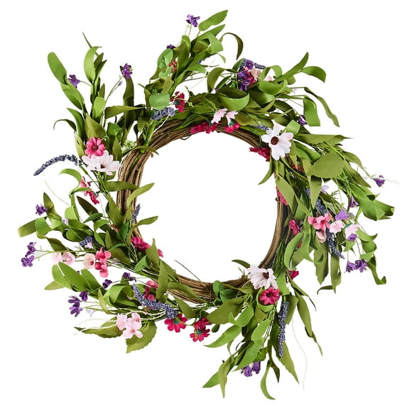 KFFKFF 22-Inch Artificial Decorative Wreath, Pink and Green, Adorned with Daisies, Baby's Breath, and Buds, Versatile Year-Round Decoration for Indoor and Outdoor Use, Perfect for Home, Wall, Window