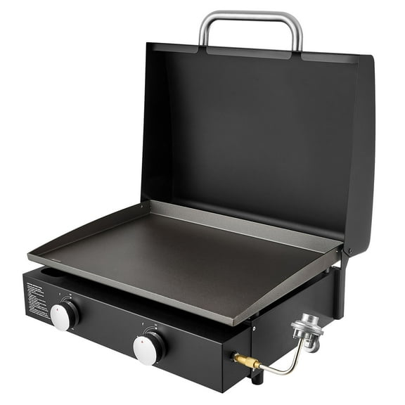 KFFKFF 22-Inch Portable Gas Griddle with Dual Burners, Propane-Powered Flat Top Grill for Outdoor Cooking, Includes Lid, Oil Drain Hole, and Collection Tray, 2 x 11000 BTU for Tailgating and Camping