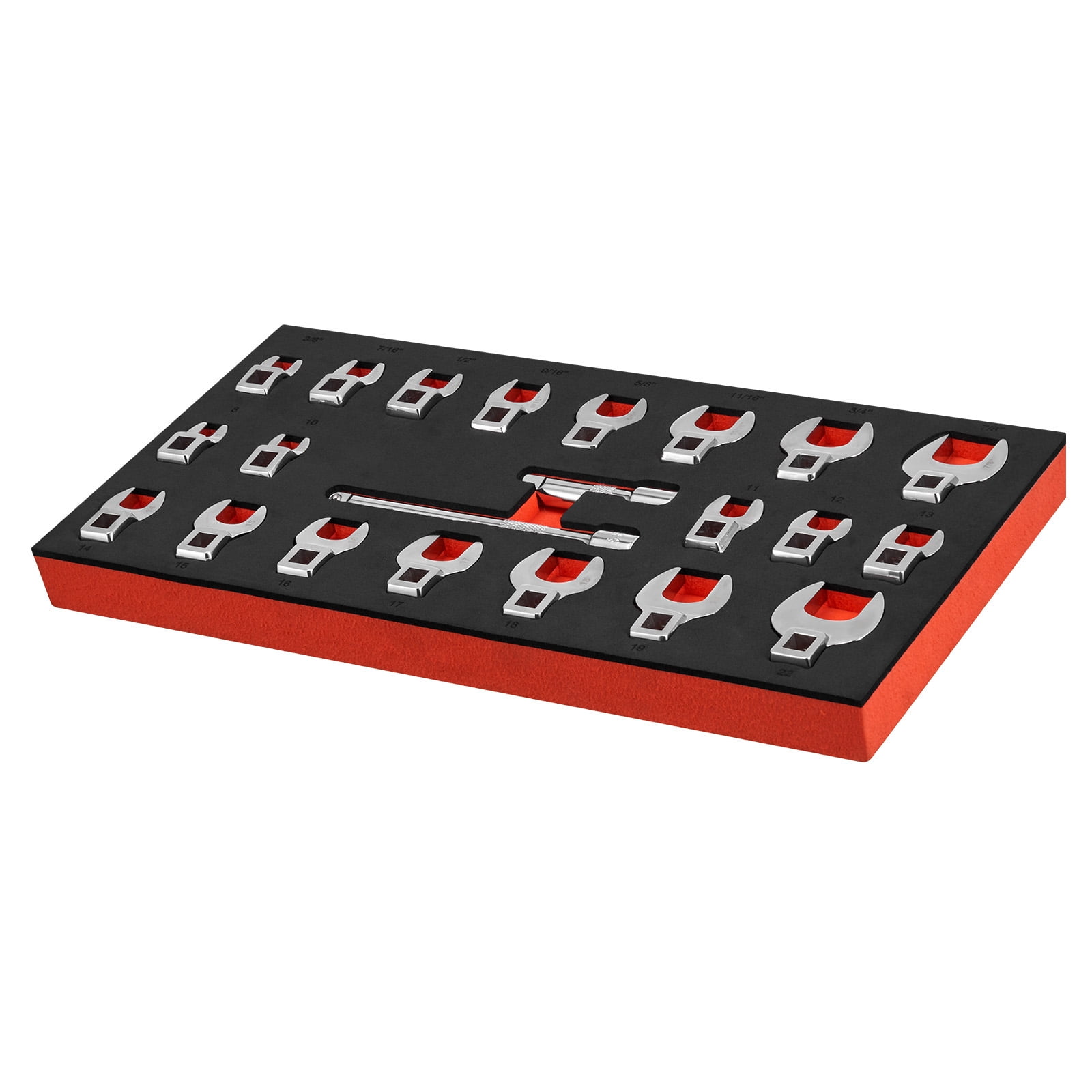 KFFKFF 22-Piece Crowfoot Wrench Set, 3/8" Drive, Metric and SAE Sizes, Cr-Mo Alloy Steel, Includes Storage Tray, Dual Markings on Tools and Tray, Ideal for Automotive Maintenance and Repairs