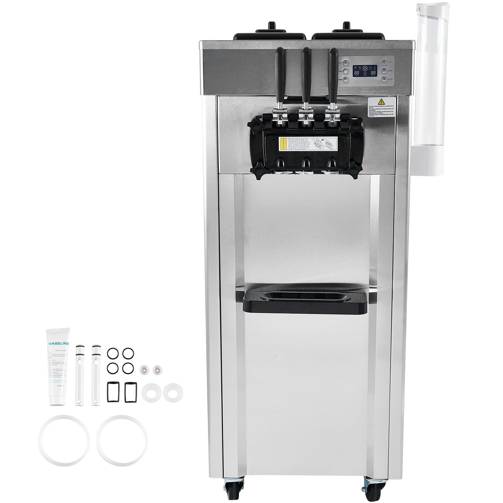 KFFKFF 1850W Industrial Soft Serve Ice Cream Maker, 3 Varieties, 5.3-7.4 Gal/Hr, Nighttime Pre-Cooling, Automatic Cleaning, LCD Display, Ideal for Cafes & Snack Shops, Silver