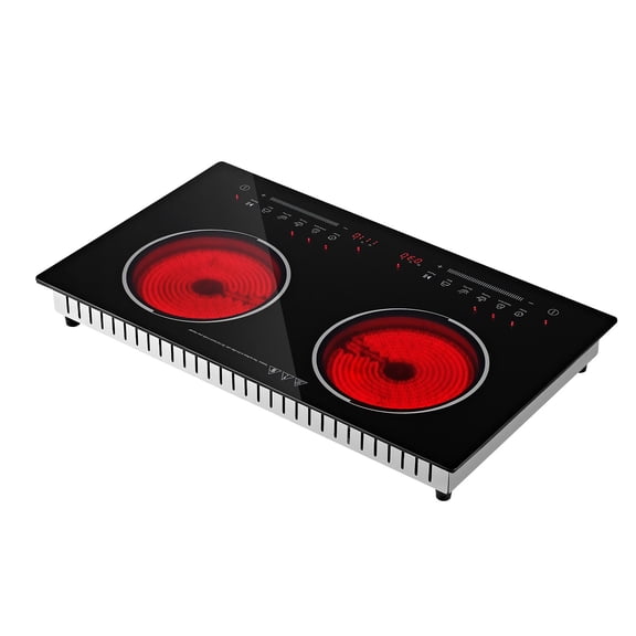 KFFKFF 24-Inch Electric Cooktop with Dual Burners, 1800W 120V Radiant Ceramic Stove for Countertop or Built-In Use, Features 9 Power Levels, Timer, Child Safety Lock, Overheat Protection