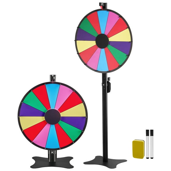 KFFKFF 24-Inch Spinning Prize Wheel with 14 Sections, Adjustable Height, Includes Dry Erase Surface and Markers, 6-Color Design, Easy to Assemble for Events, Parties, and Trade Shows