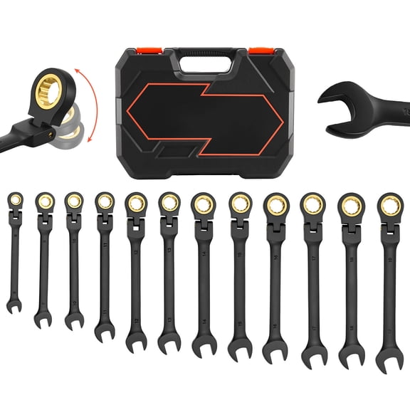 KFFKFF 24-Piece Flex-Head Ratcheting Wrench Set, SAE and Metric Sizes, 72-Tooth Cr-V Steel Ratchet with Storage Case, Ideal for Household and Automotive Maintenance, Black
