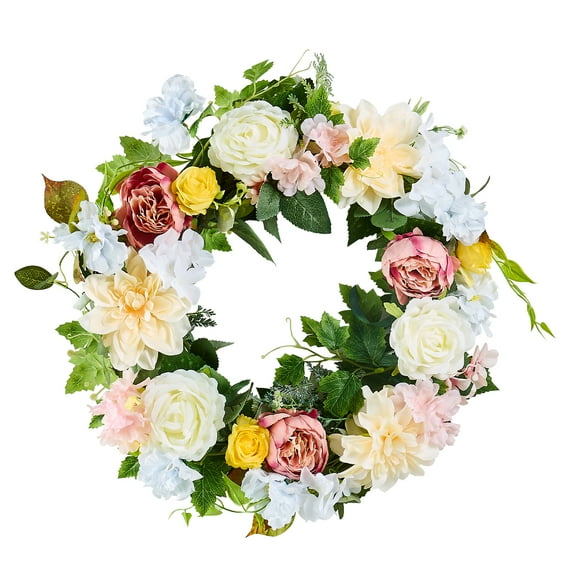KFFKFF 24-inch Artificial Wreath with Peonies and Hydrangeas in White, Pink, and Yellow, Suitable for Year-Round Indoor and Outdoor Decor, Perfect for Home, Wall, Window, Festival