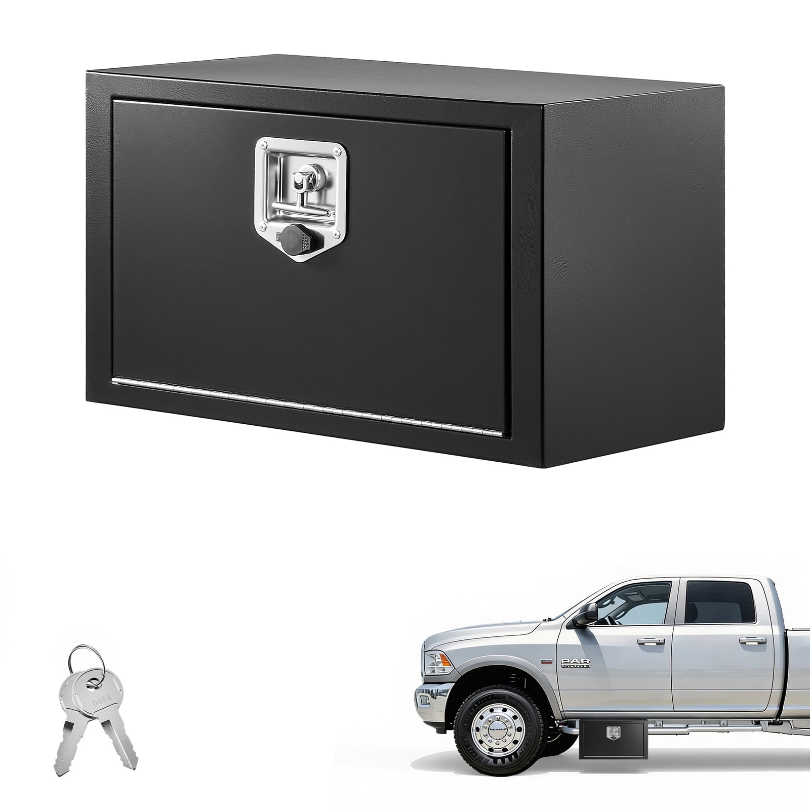 KFFKFF 24 x 12 x 14 Inch Steel Underbody Truck Tool Box, Heavy-Duty Trailer Storage Chest with Lock & Keys, Waterproof Organizer with T-Handle for Trucks, Vans, SUVs, Black