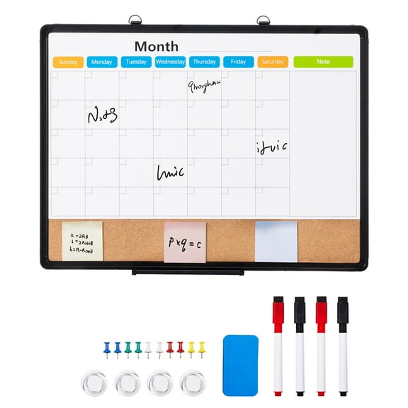 KFFKFF 24"x 18" Dual-Function Board – Magnetic Whiteboard Calendar & Cork Bulletin, Framed in Aluminum – Wall-Mounted for Home, Office, or Educational Settings