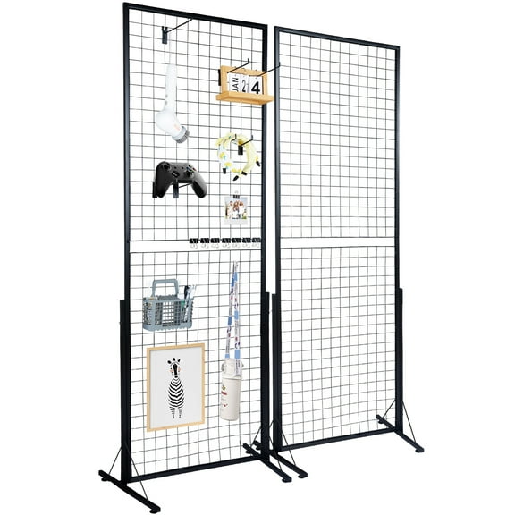 KFFKFF 24" x 67" Dual Grid Wall Panels Set, Includes 2 Wire Display Racks with Stable T-Base, Freestanding Double-Sided Gridwall for Exhibits, Retail Use, Comes with Additional Clips & Hooks
