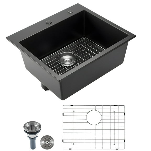 KFFKFF 25-Inch Kitchen Sink Workstation, Top-Mount Granite Sink, Drop-In Single Bowl Basin with Accessories, Ideal for RVs, Prep Kitchens, and Bars (Black)