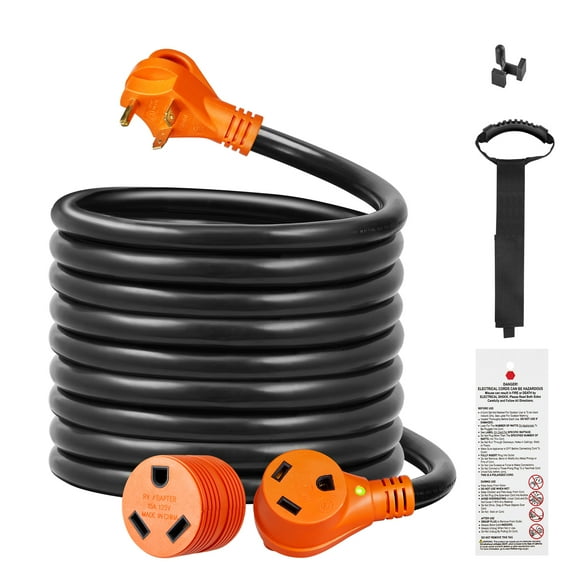 KFFKFF 25ft 30A RV Extension Cord,  10 Gauge Power Cable, Includes LED indicator light & 15A Adapter, Suitable for RVs, Trailers, Generators, NEMA TT-30R  / TT-30P, ETL Certified