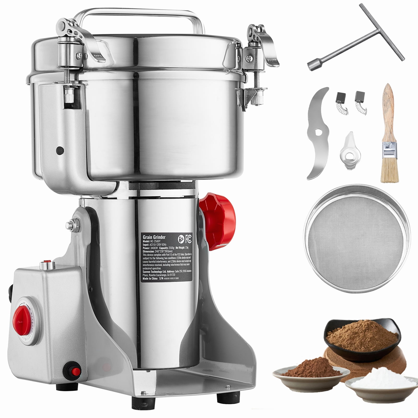 KFFKFF 2500g Electric Grain Mill, 3400W Rapid Spice Grinder, Stainless Steel Powder Pulverizer, for Dry Grains, Spices, Cereals, Coffee, Corn, Pepper, Swing Design