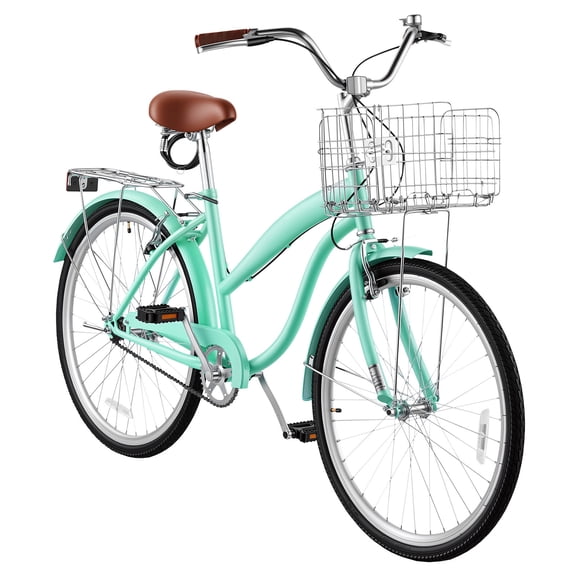 KFFKFF 26-Inch Women's Beach Cruiser Bicycle, Single-Speed Adult City Bike with Steel Frame, 330 lbs Capacity, Basket, Rear Rack, and Dual V-Brakes, Mint Green
