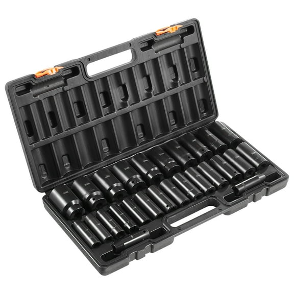 KFFKFF 26-Piece 1/2" Drive Impact Socket Set, Metric Sizes 10mm-36mm, Deep 6-Point Design, Durable Cr-V Steel Construction, Includes Storage Case