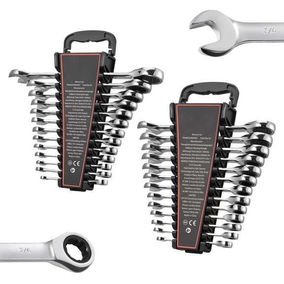 KFFKFF 26-Piece SAE and Metric Ratcheting Wrench Set, 72-Tooth Cr-V Steel Tools with Organizer Rack, Open-End Design, Clear Size Markings, Ideal for Household and Automotive Repairs, Silver