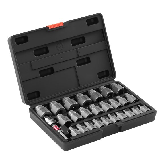 KFFKFF 27-Piece Screw Extractor Set, Hex Head Multi-Spline Bolt Removal Tool with Adapters, Durable Storage Case, Cr-Mo Steel for Extracting Rounded or Broken Bolts and Screws