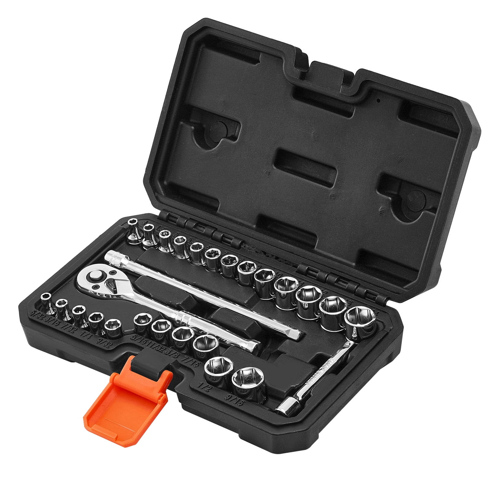 KFFKFF 27-Piece Socket Set, 1/4 Inch Drive with SAE and Metric Options, Includes Ratchet Wrench, Extension Bar, and Storage Case, Made of CR-V Alloy Steel for Automotive Maintenance