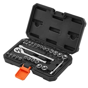 KFFKFF 27-Piece Socket Set, 1/4 Inch Drive with SAE and Metric Options, Includes Ratchet Wrench, Extension Bar, and Storage Case, Made of CR-V Alloy Steel for Automotive Maintenance