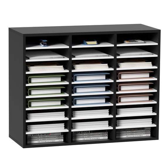 KFFKFF 27-Slot Wooden Document Holder, Modifiable Racks, Mid-Density Fiberboard Correspondence Hub, Workspace Household Educational Repository for Records, Reports, Sheets, Periodicals, Ebony+Ivory