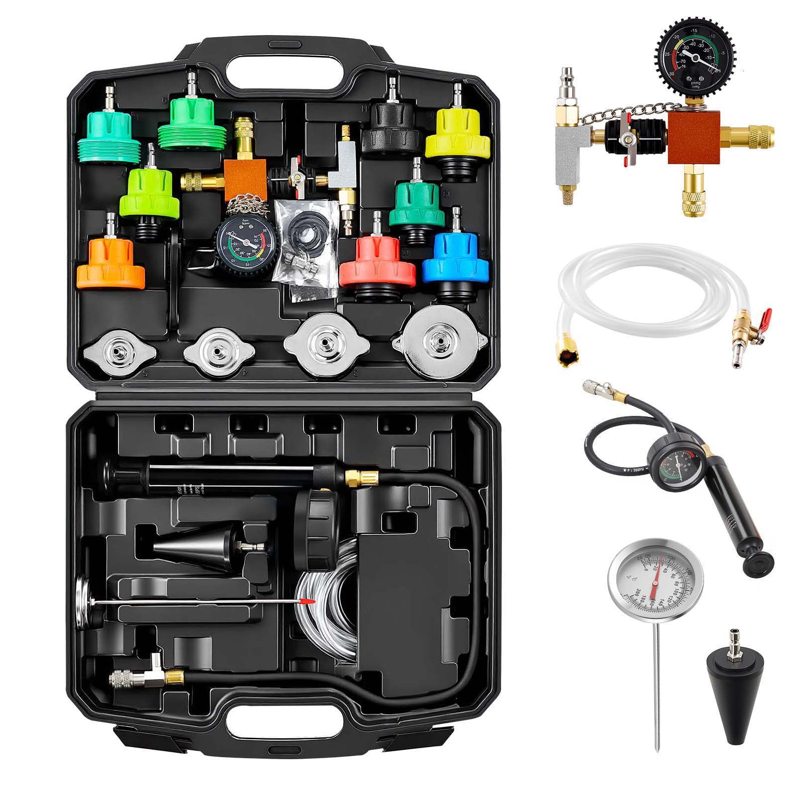 KFFKFF 28-Piece Coolant Pressure Tester and Radiator Vacuum Refill Kit, Includes 4 Adapters, Universal Compatibility,Automotive Cooling System Testing Kit with Pressure Pump and Aluminum Purge Filler