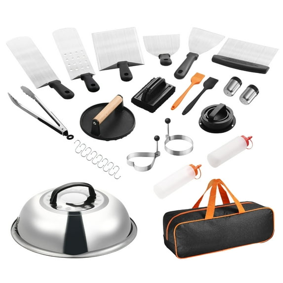 KFFKFF 28-Piece Griddle Tool Set, Flat Top Grill Accessories with Enlarged Spatula, Stainless Steel BBQ Tools Including Basting Cover, Tongs, Burger Press, and Carry Bag for Outdoor Cooking