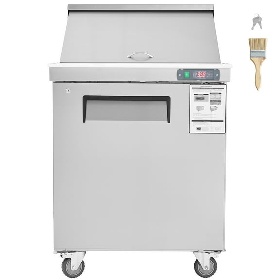 KFFKFF 28" Professional Cold Storage Unit & Salad Preparation Table, 7.4 Cubic Feet Stainless Steel Chilled Food Preparation Station with 12 Containers, Cutting Board, Defrosting Fridge with Lock