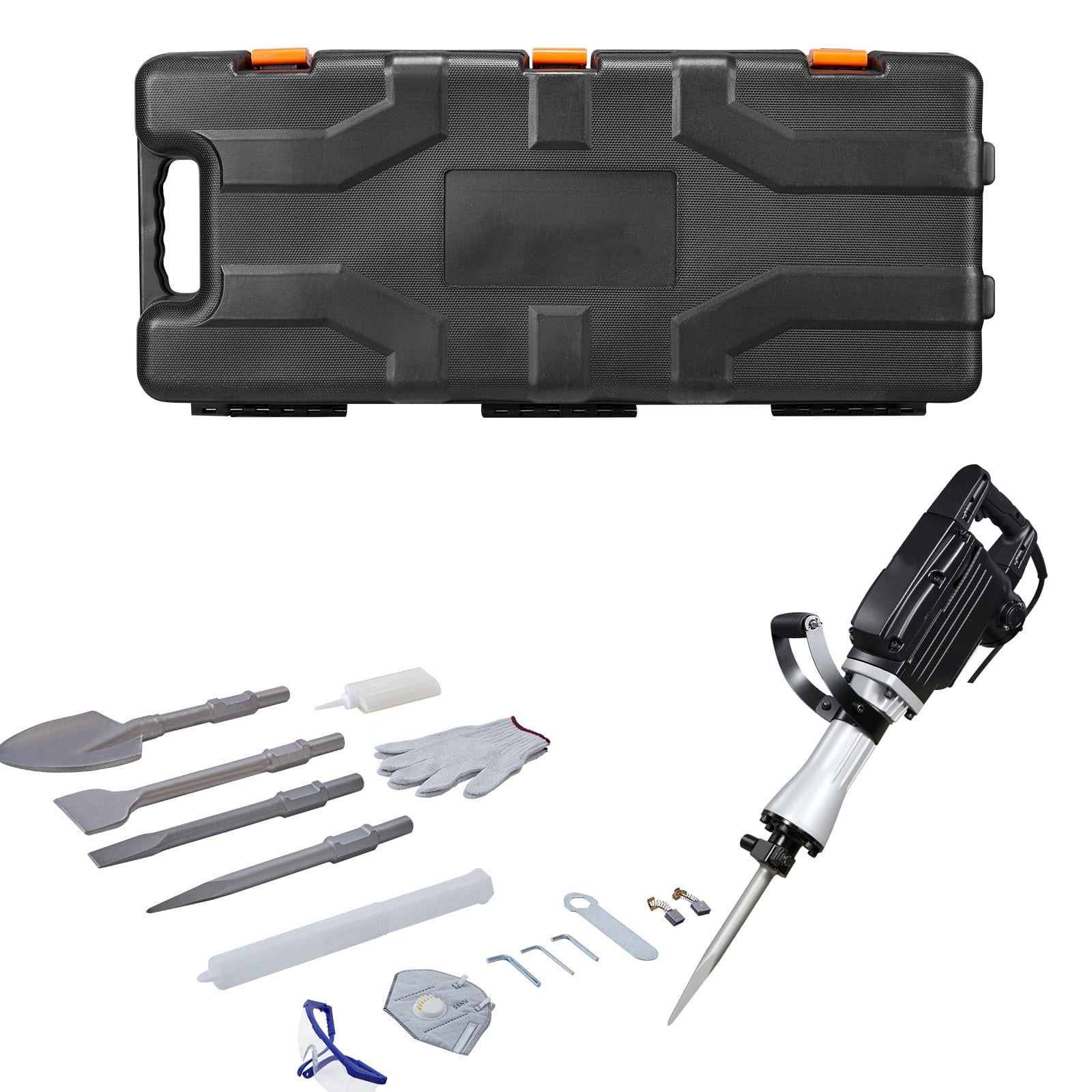 KFFKFF 2800W Electric Demolition Jack Hammer, Heavy-Duty Concrete Breaker with 3 Chisels, Clay Spade, Carrying Case, and Gloves for Breaking Concrete, Walls, Bricks, Tiles, and Foundations