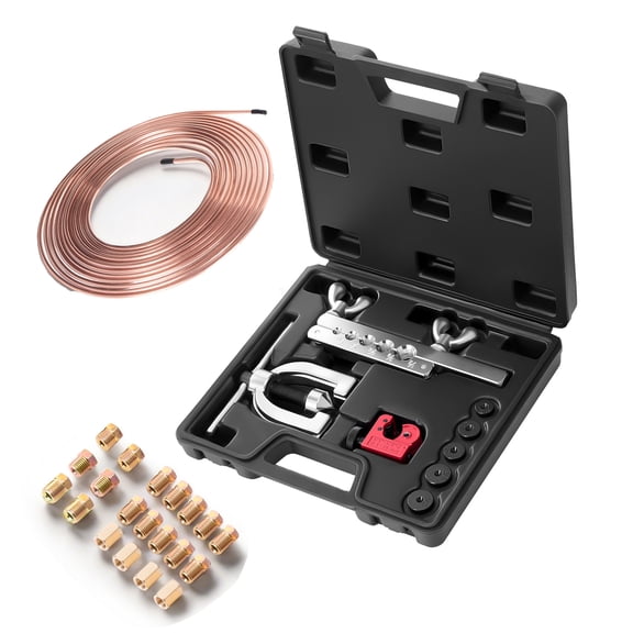 KFFKFF 3/16" Brake Line Repair Kit, 45° Double & Single Flaring Tool Set, 25FT Copper-Coated Brake Line with 16 Fittings, 4 Unions, Tube Cutter, 5 Adapters, and Storage Case