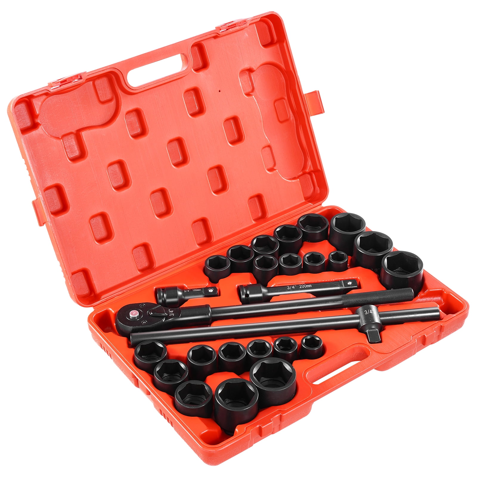 KFFKFF 3/4 in Drive Impact Socket Set, 27 Pieces SAE 7/8 in to 2 in and Metric 22 mm to 50 mm, 6 Point Cr-V Alloy Steel for Auto Repair, Includes Extension Bars, Ratchet Handle and Storage Case