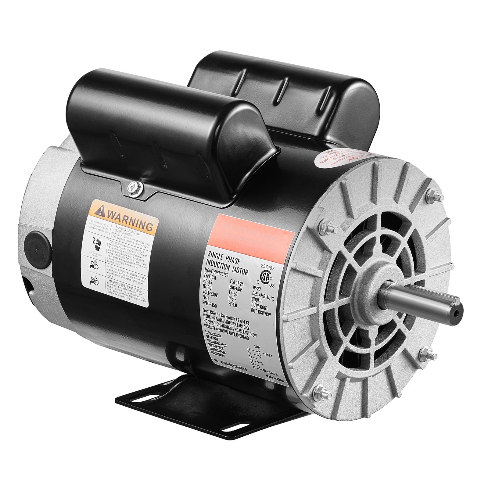 KFFKFF 3.7HP Motor for Air Compressor, Electric Motor with 230V 17.2Amps, 3450RPM 56 Frame, Keyed Shaft of 5/8", Shaft Length of 1.88", Suitable for Air Compressors, Supports CW/CCW Rotation
