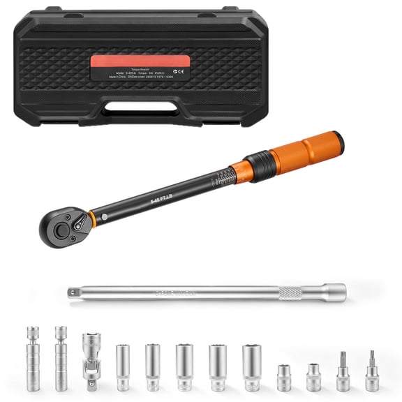 KFFKFF 3/8-Inch Drive Click Torque Wrench with Dual Scale, 5-45 lbf-ft / 6.8-61.2 N.m, ±3% Accuracy, Includes Spark Plug Sockets, Bits, Universal Joint, Extension Bar, and Storage Case
