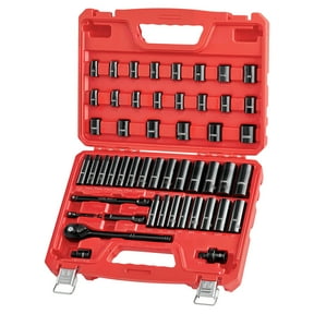 KFFKFF 3/8 Inch Drive Impact Socket Set, 50 Pieces, 6-Point Deep & Shallow Sockets, SAE (5/16 Inch to 3/4 Inch) and Metric (8 to 22 mm) Sizes with 3-Inch & 6-Inch Extension Bars, Cr-V Steel