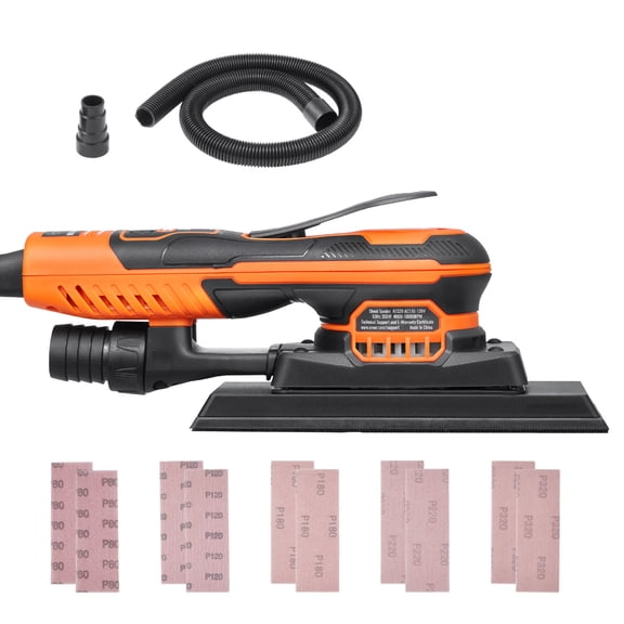 KFFKFF 3/8 Sheet Sander, 3A EC Brushless Motor, Adjustable Speed up to 10,000 RPM, Includes 10 Sandpapers and Vacuum Adapter for Woodworking Projects