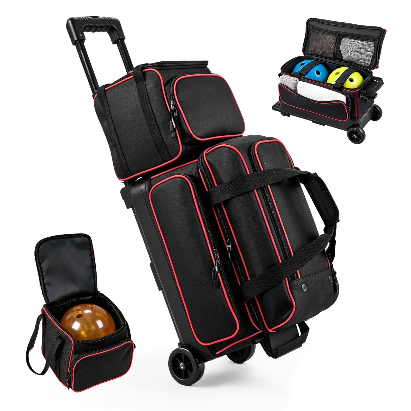 KFFKFF 3-Ball Bowling Bag with Wheels, Shoe Compartment for Sizes Up to US Men 16, Rolling Bag with Accessory Pocket and 40-Inch Retractable Handle