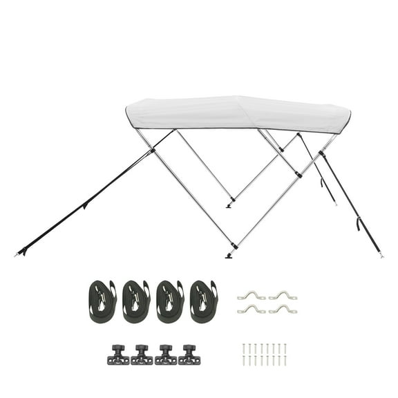 KFFKFF 3 Bow Boat Bimini Tops, Durable 600D Polyester Cover with Aluminum Frame, Water-Resistant Sunshade Canopy with Storage Bag, Includes 2 Support Poles, 4 Straps, 6'Lx(67"-72")Wx46"H, Light Grey