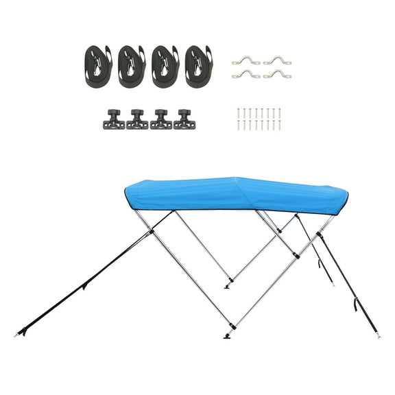 KFFKFF 3 Bow Boat Bimini Tops, Durable Polyester Canopy with Aluminum Frame, Water-Resistant Sunshade Awning with Storage Bag, Support Poles, Straps, 6'Lx(54"-60")Wx46"H, Pacific Blue