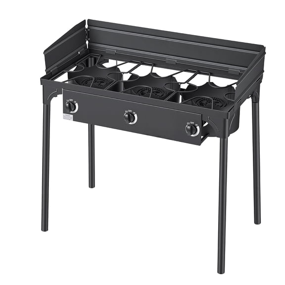 KFFKFF 3-Burner Outdoor Propane Gas Stove, 225,000 BTU LPG Camping Cooker, Durable Carbon Steel Design with Shield, Tall Stand, and Regulator, Ideal for BBQs, Camping, Patios, and Backyards