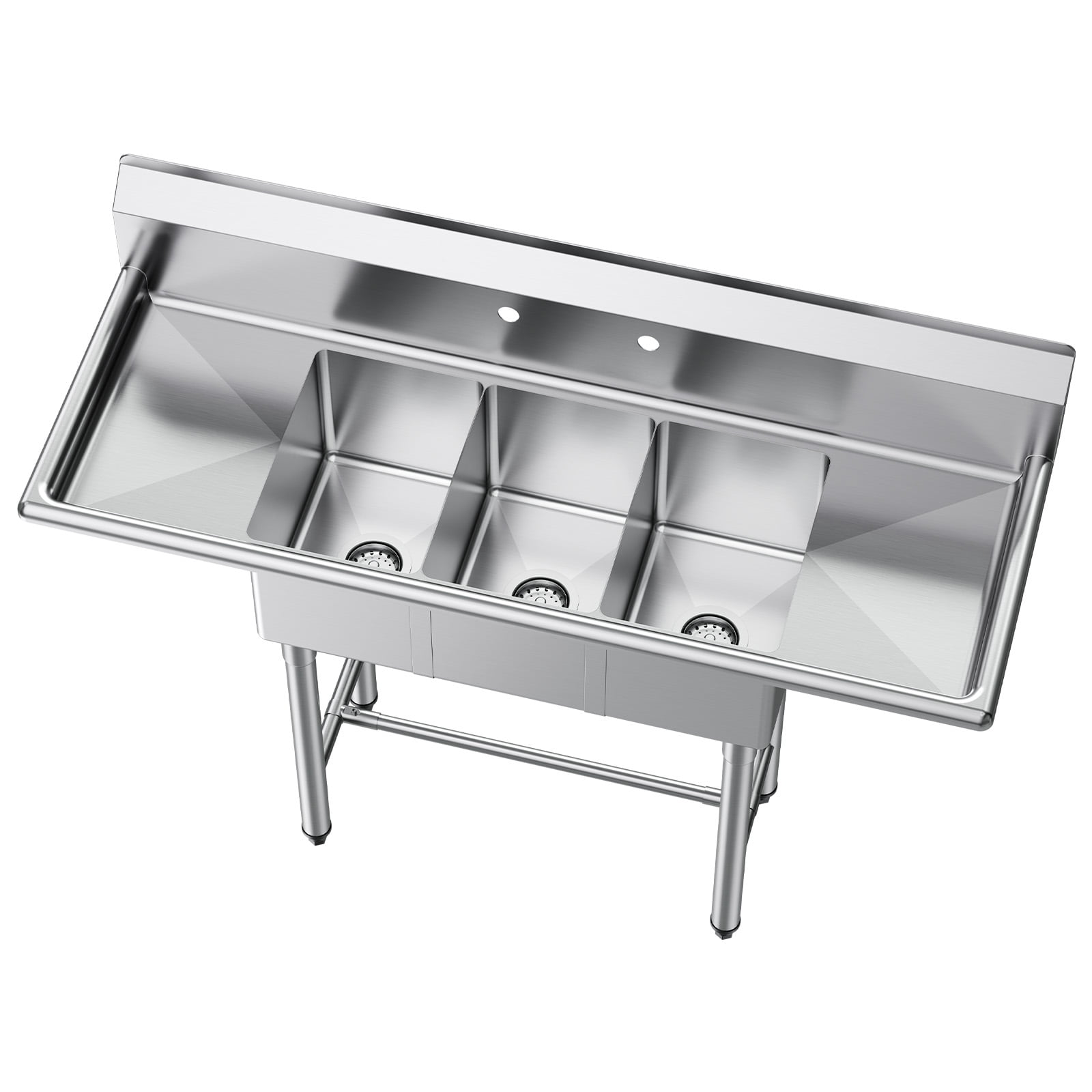 KFFKFF 3-Compartment Commercial Sink, 304 Stainless Steel, 18-Gauge, 10" x 14" x 10" Bowls, Dual Drainboards, 7" Backsplash, H-Frame, Black, (1 Unit)