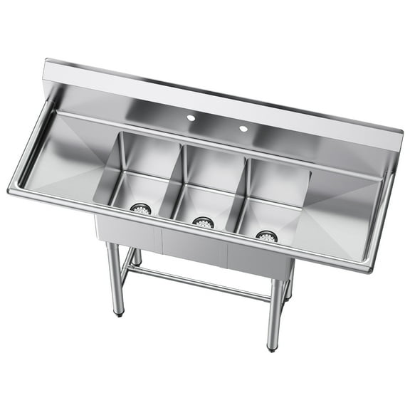 KFFKFF 3 Compartment Sink, 18-Gauge 304 Stainless Steel, 10" x 14" x 10" Bowl Size, Commercial Kitchen Prep & Utility Sink with Dual Drainboards and Backsplash for Restaurant, Food Truck