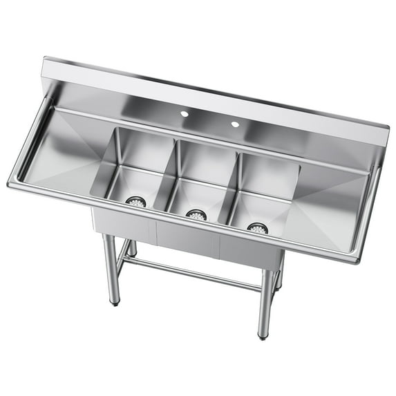 KFFKFF 3-Compartment Commercial Sink, 304 Stainless Steel, 18-Gauge, 10" x 14" x 10" Bowls, Dual Drainboards, 7" Backsplash, H-Frame, Black, (1 Unit)