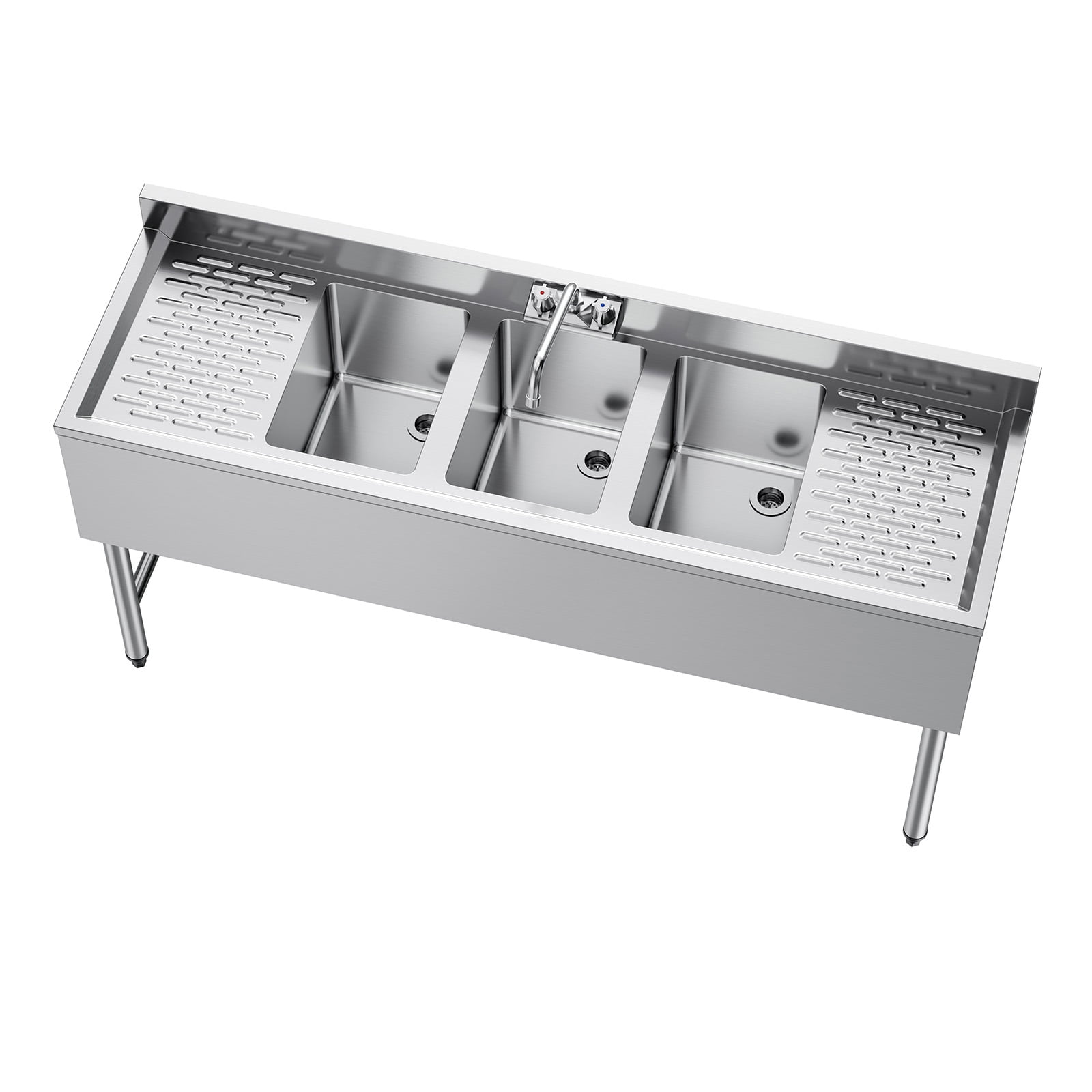 KFFKFF 3 Compartment Stainless Steel Sink, 18-Gauge 304 Material, 10" x 14" x 10" Bowls, Commercial Under Bar Sink with Dual Drainboards and Backsplash for Kitchen, Restaurant, Food Truck