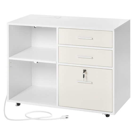 KFFKFF 3-Drawer Wooden File Cabinet with LED Light, Lockable Rolling Storage Unit with Adjustable Shelves & 5 Wheels, Freestanding Printer Stand for Home, Office, or School, White