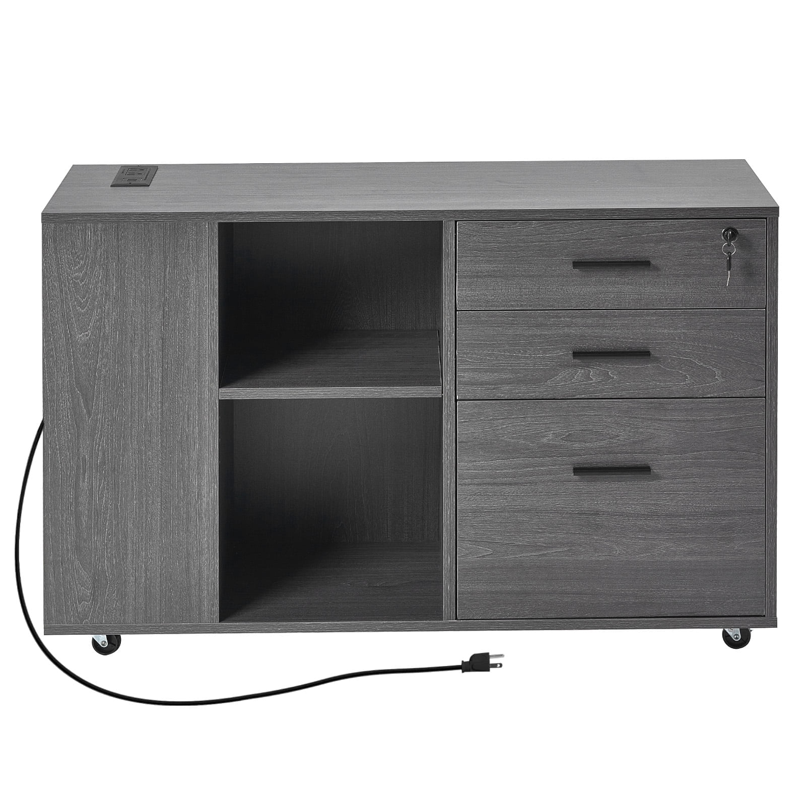 KFFKFF 3-Drawer Wooden File Cabinet with Power Strip, Lockable Rolling Storage with Adjustable Shelves & 5 Wheels, Mobile Printer Stand for Home Office or School, Gray