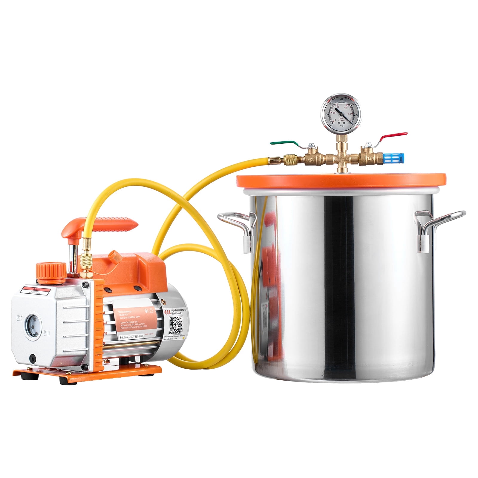 KFFKFF 3 Gallon Vacuum Chamber Kit with Pump, Stainless Steel, Tempered Glass Lid, 5 ft Hose