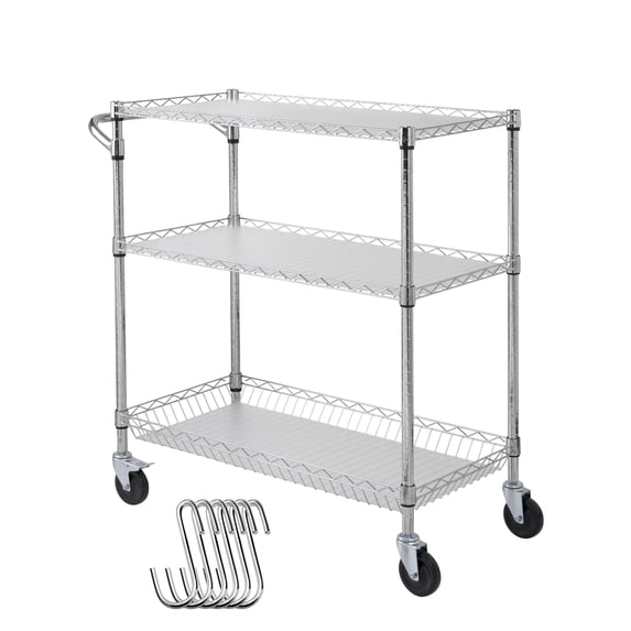 KFFKFF 3-Tier Kitchen Cart, Steel Rolling Cart with 550LBS Capacity, Mobile Service Cart, Metallic Storage Trolley with 80mm Basket, Curved Handle, PP Liner