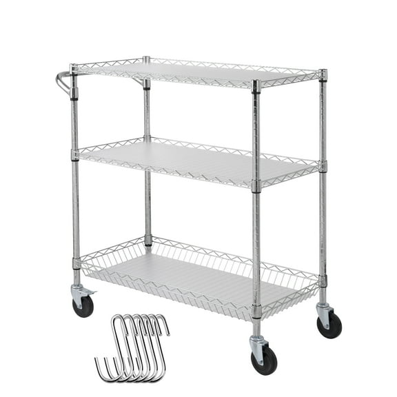 KFFKFF 3-Tier Kitchen Cart, Steel Rolling Cart with 550LBS Capacity, Mobile Service Cart, Metallic Storage Trolley with 80mm Basket, Curved Handle, PP Liner