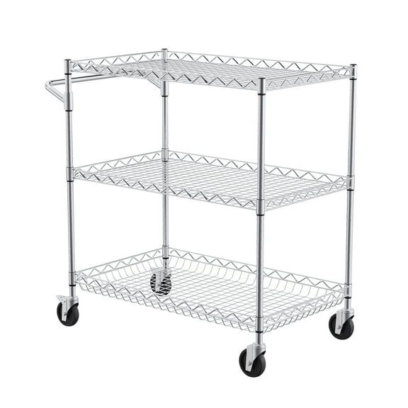 KFFKFF 3-Level Kitchen Cart, Wire Rollable Cart with a Load Capacity of 661LBS, Steel-Made Mobile Service Cart, Metallic Storage Trolley featuring 80mm Deep Basket, Curved Handle, 6 Hooks