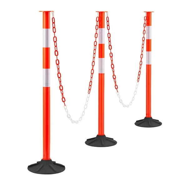 KFFKFF 3 Pack Traffic Delineator Posts, 34 in Safety Cones with Weighted Base, Reflective Strips and Chain, Durable Posts for Construction Sites, Parking Areas, and Crowd Management, Red