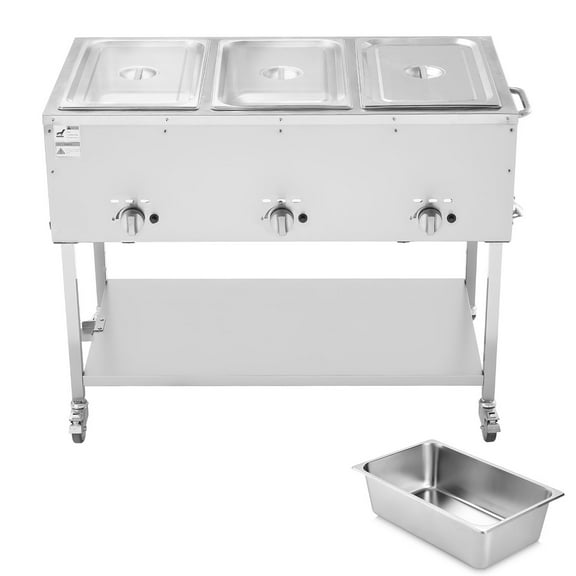 KFFKFF 3-Pan Commercial Propane Steam Table, LP Gas Outdoor Food Warmer with Drain Valve and 3" Wheels, Stainless Steel Soup Warmer with Independent Temperature Control, Ideal for Restaurants Use